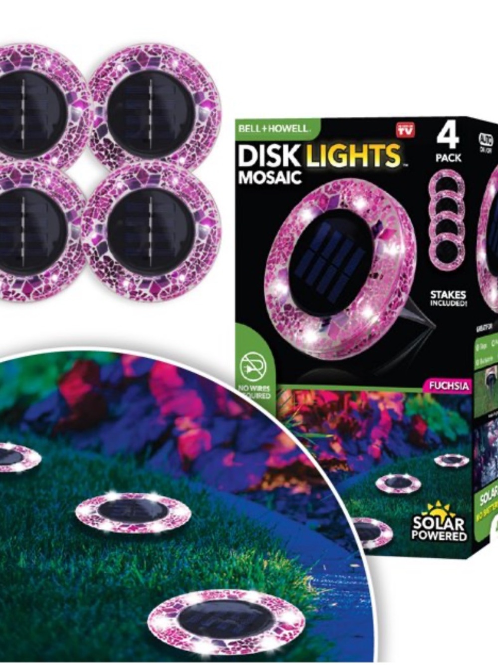 BELL + HOWELL 4 -Pack Mosaic Disk Lights 24 -Lumens Mosaic Fuchsia Solar LED
